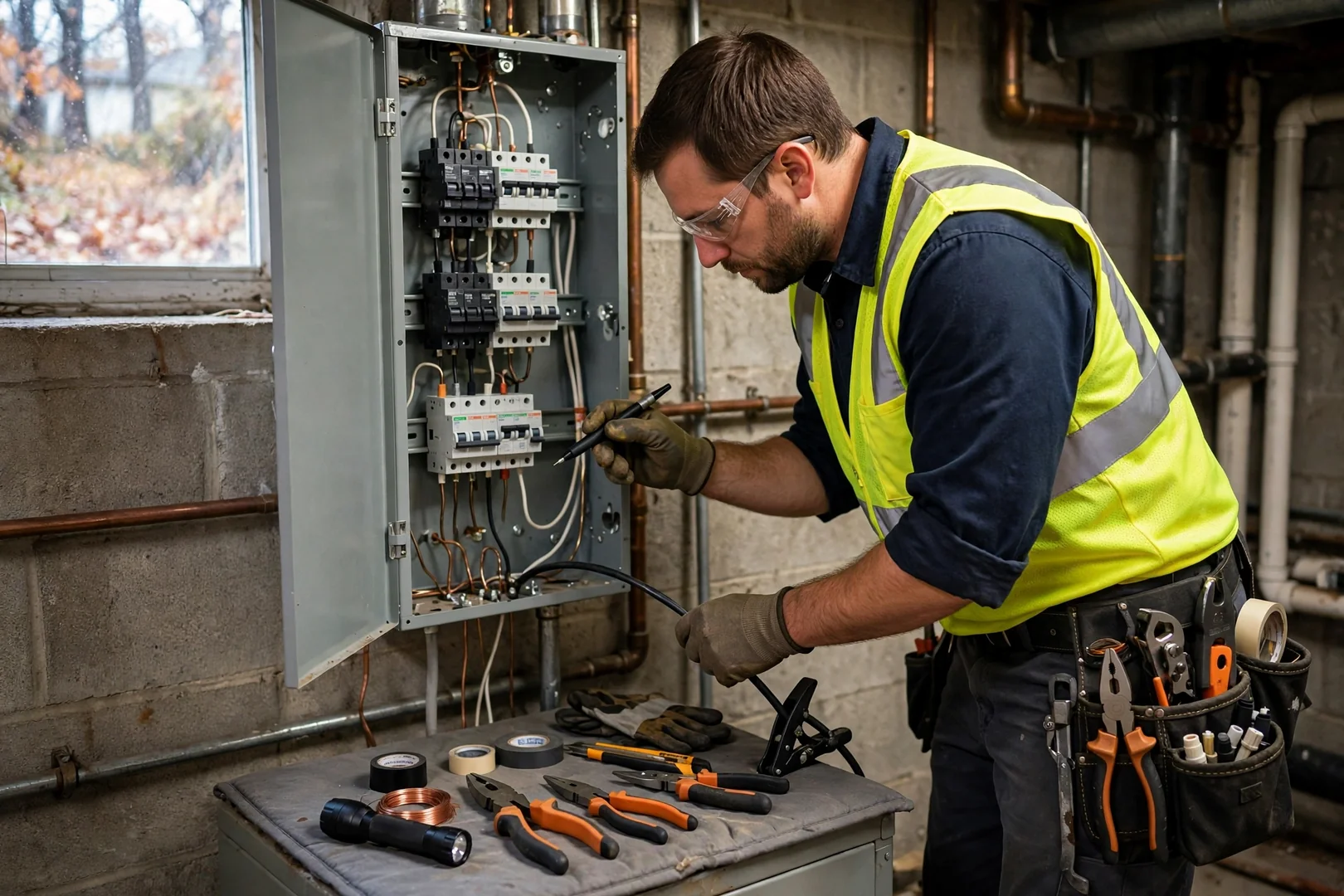 Open electrical panel with breaker labeling reviewed before adding a new lighting circuit