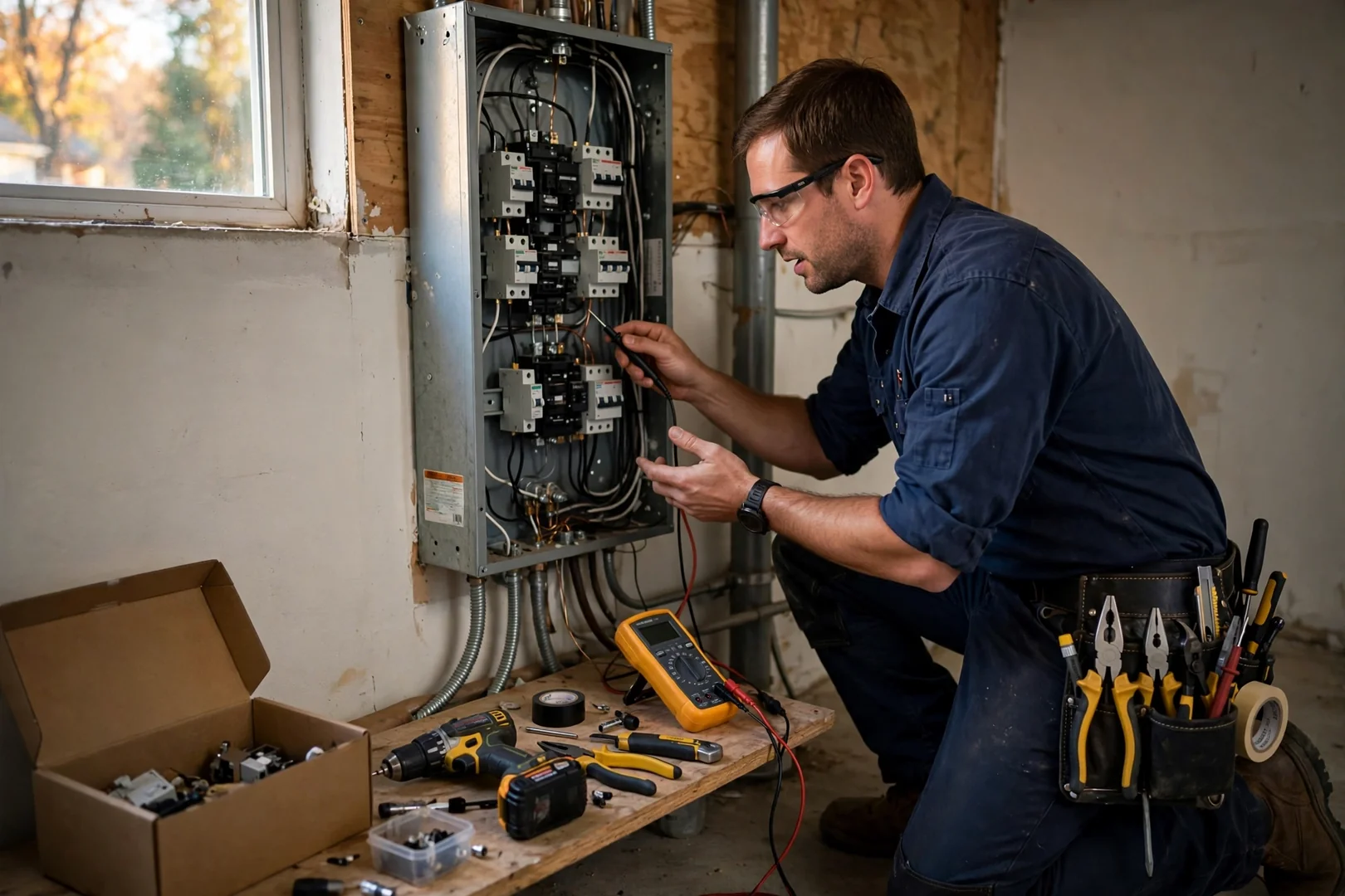 Electrician installing recessed ceiling lights in a Centereach home