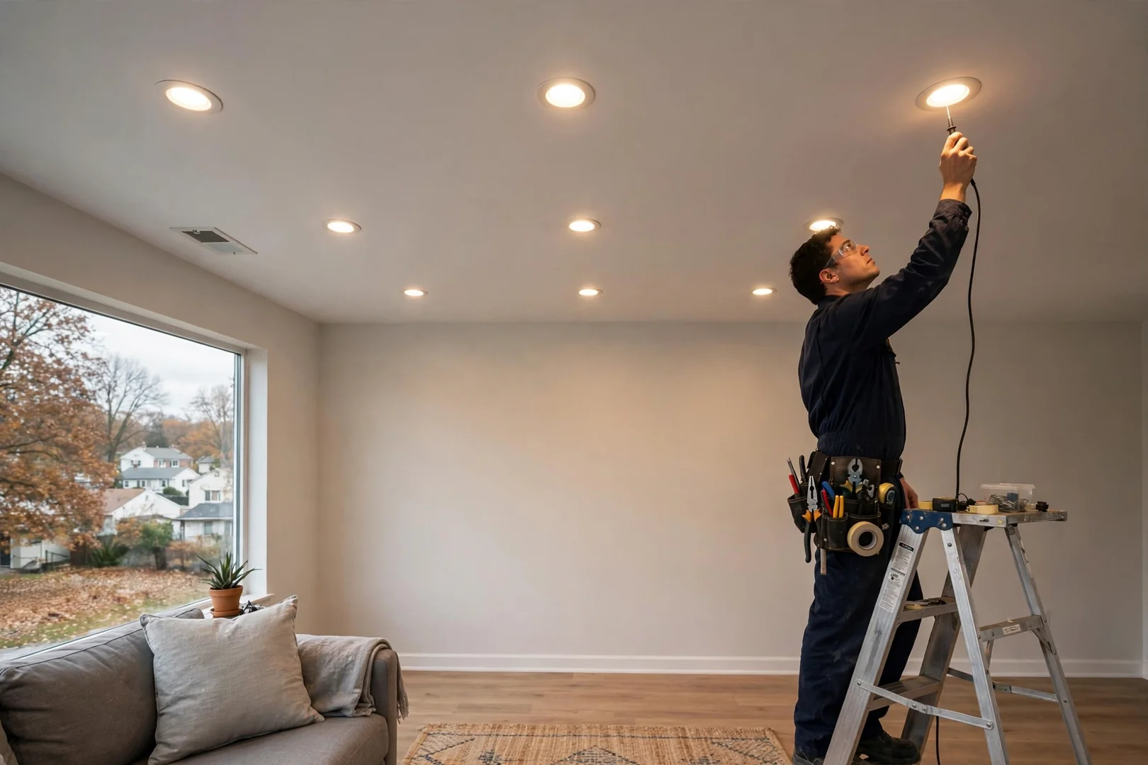 Recessed LED downlights evenly spaced across a freshly painted Centereach living room ceiling