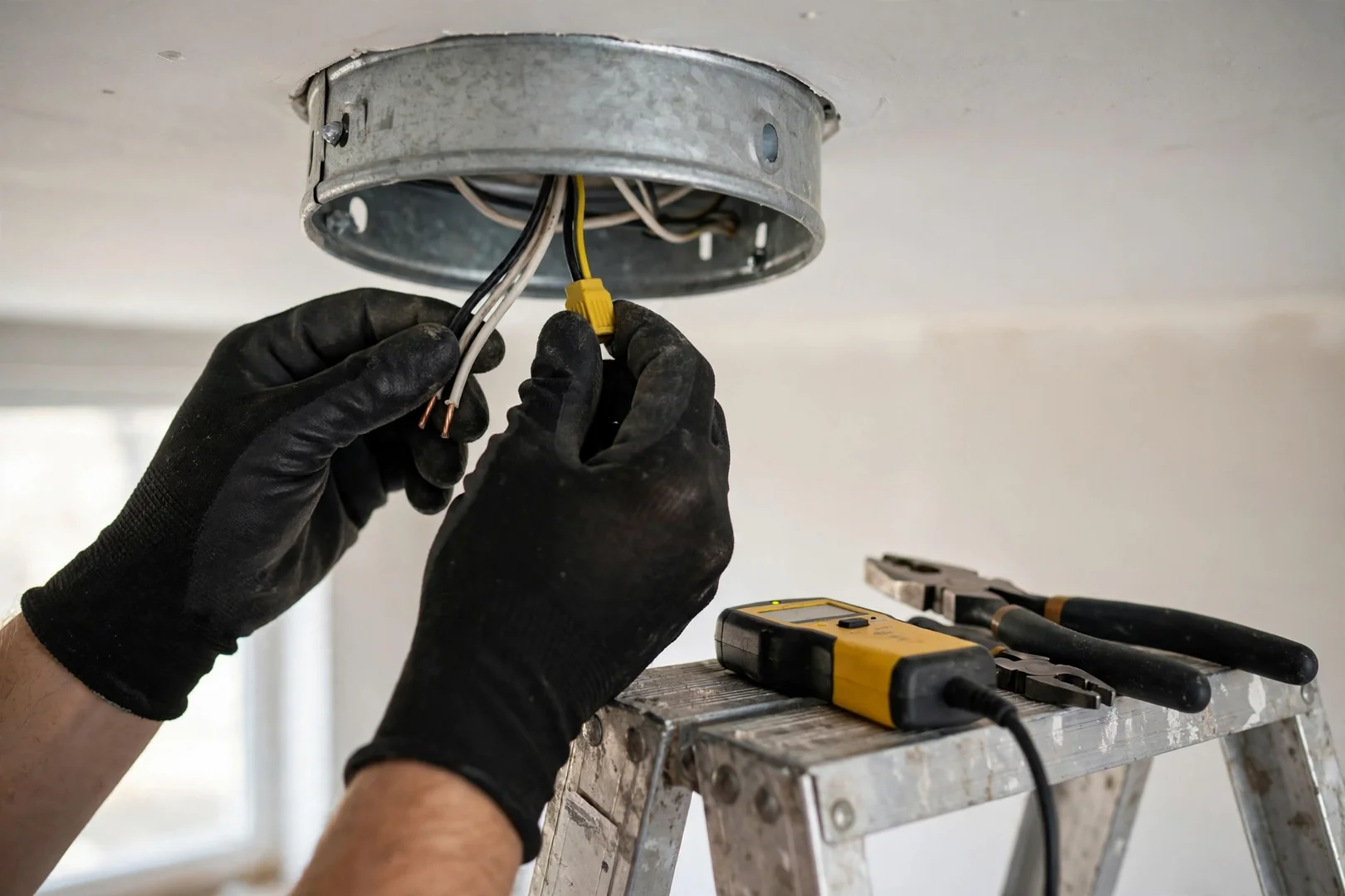 Electrician wiring a ceiling fixture box while holding a non-contact voltage tester