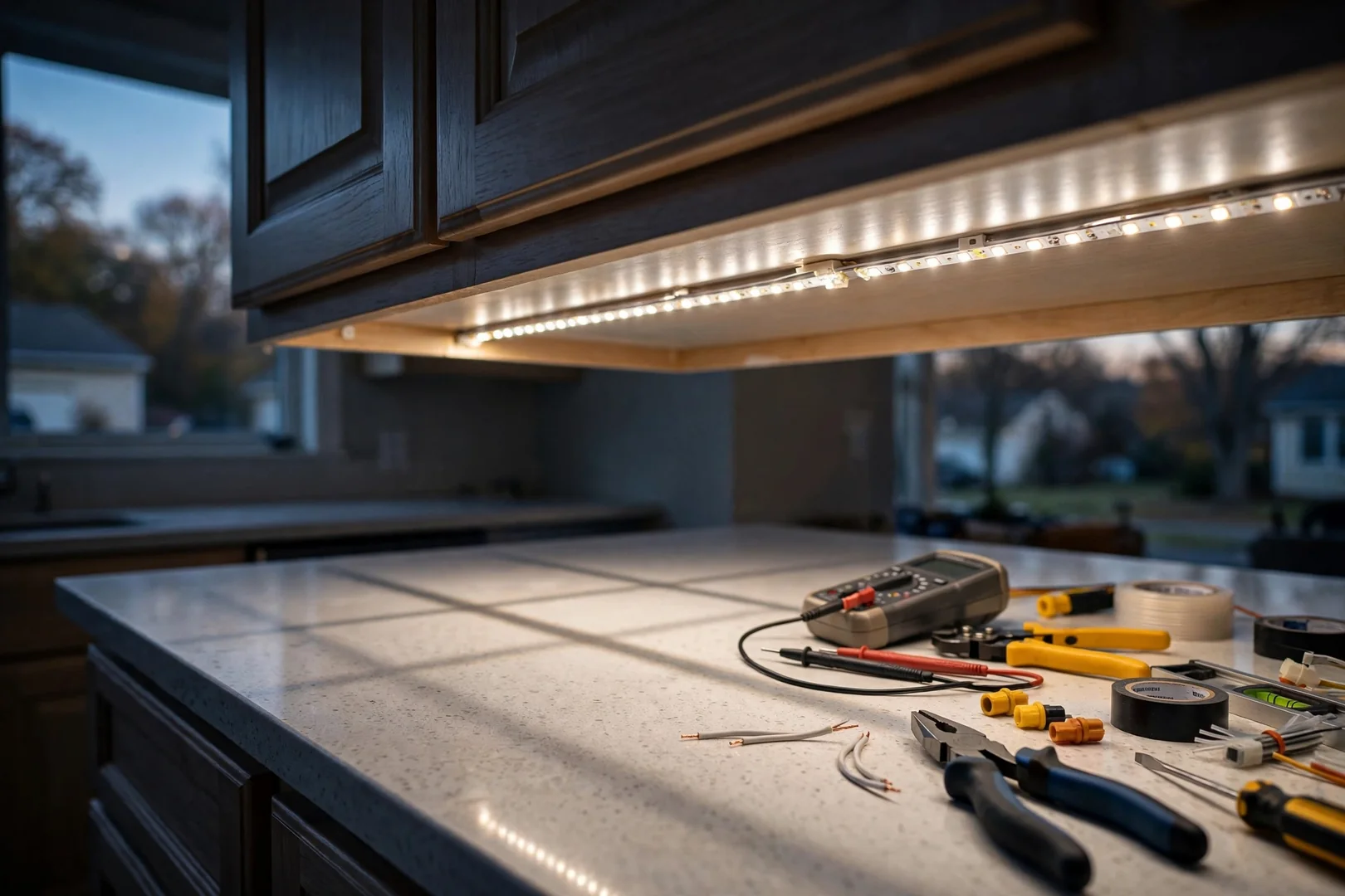 Under-cabinet LED strip lighting installed along a kitchen counter workspace