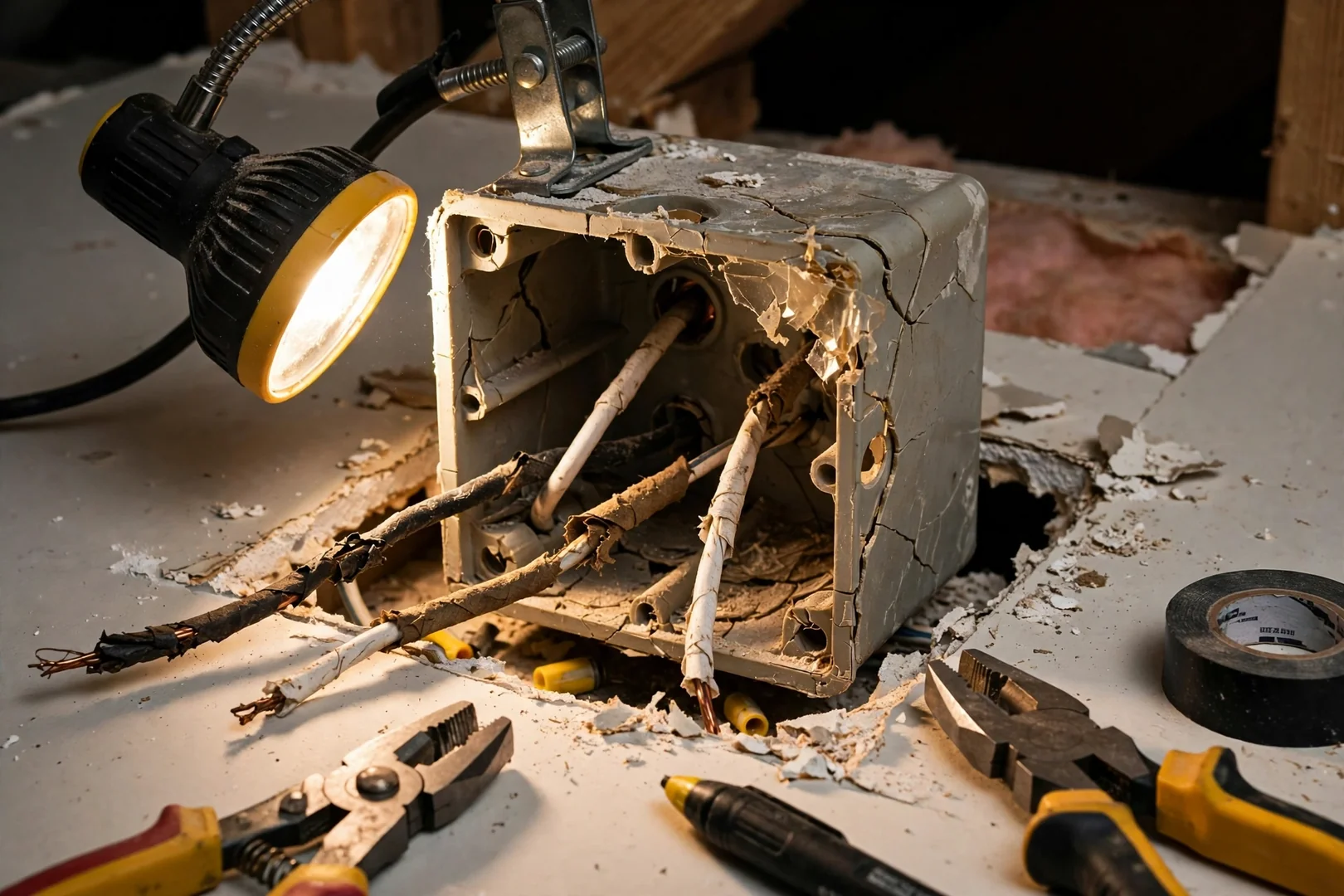 Old damaged ceiling box exposed before replacement during a fixture upgrade