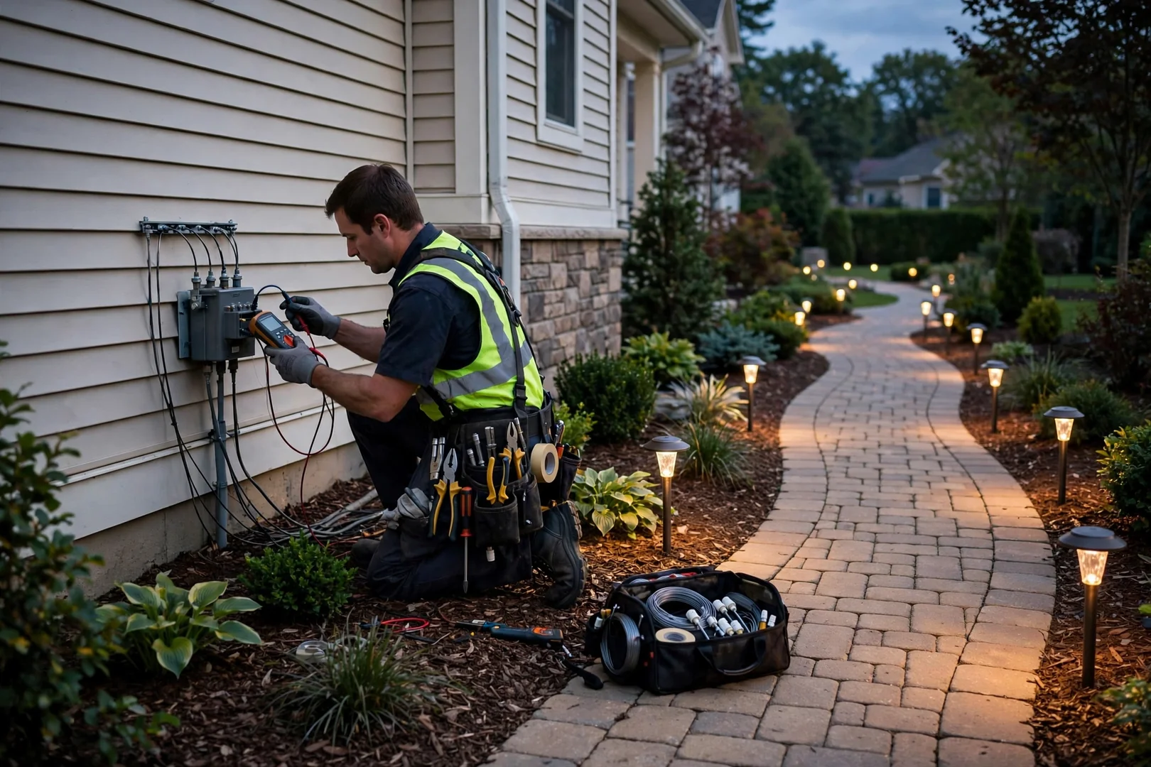 Landscape path lights installed along a walkway with low voltage transformer nearby