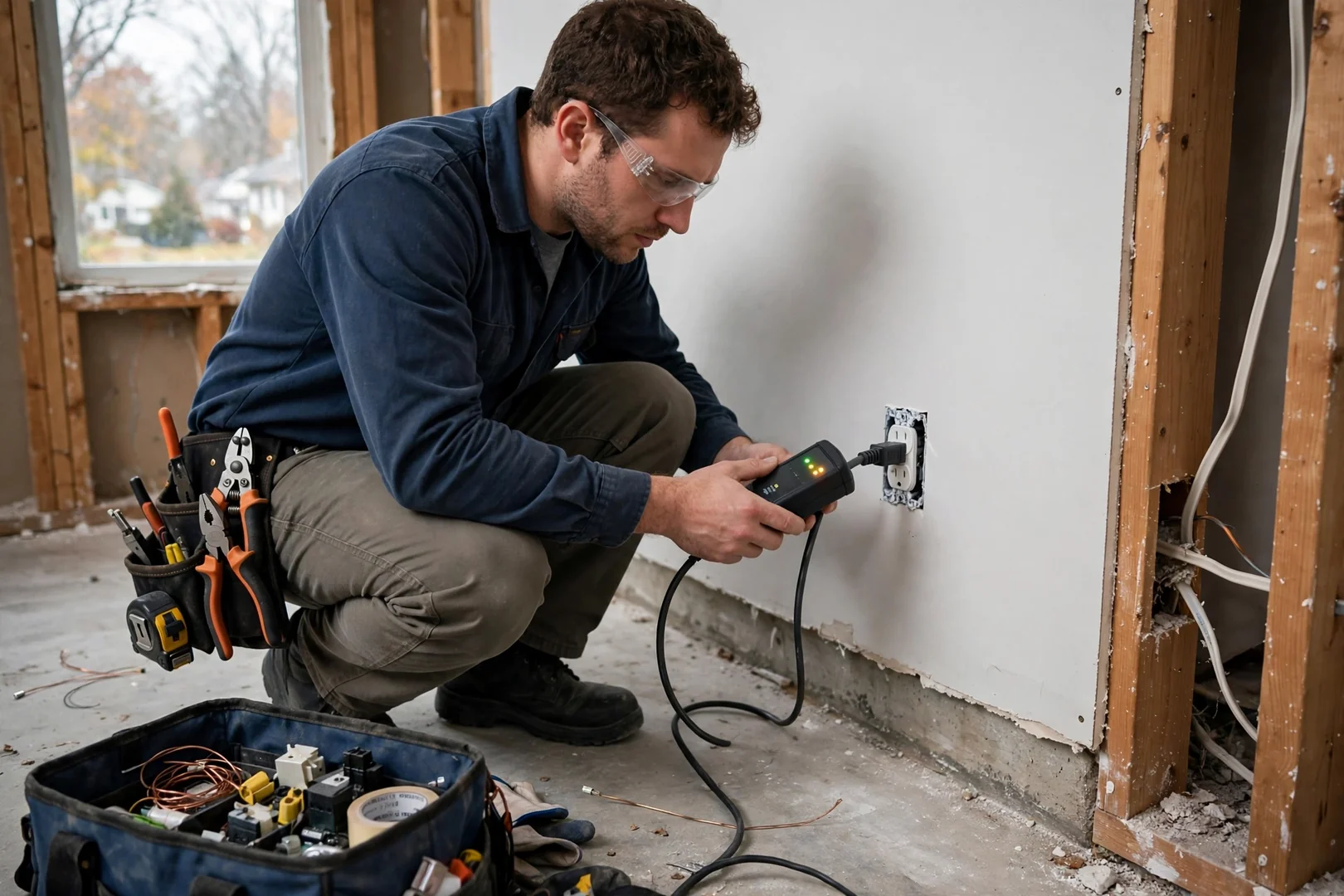 Technician testing a newly installed receptacle with a plug-in circuit analyzer indoors