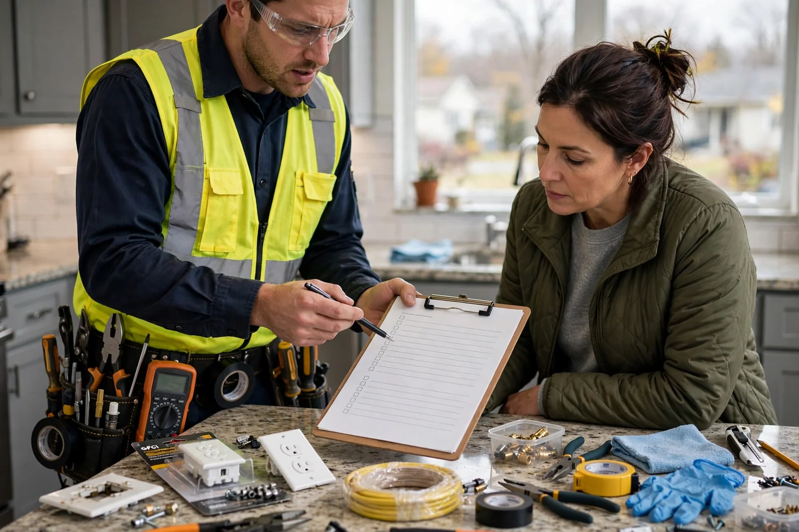 Itemized written estimate for outlet installation reviewed at a Centereach kitchen counter
