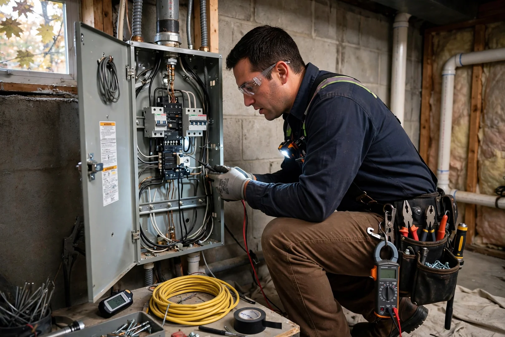 Electrician installing a new wall outlet in a Centereach home