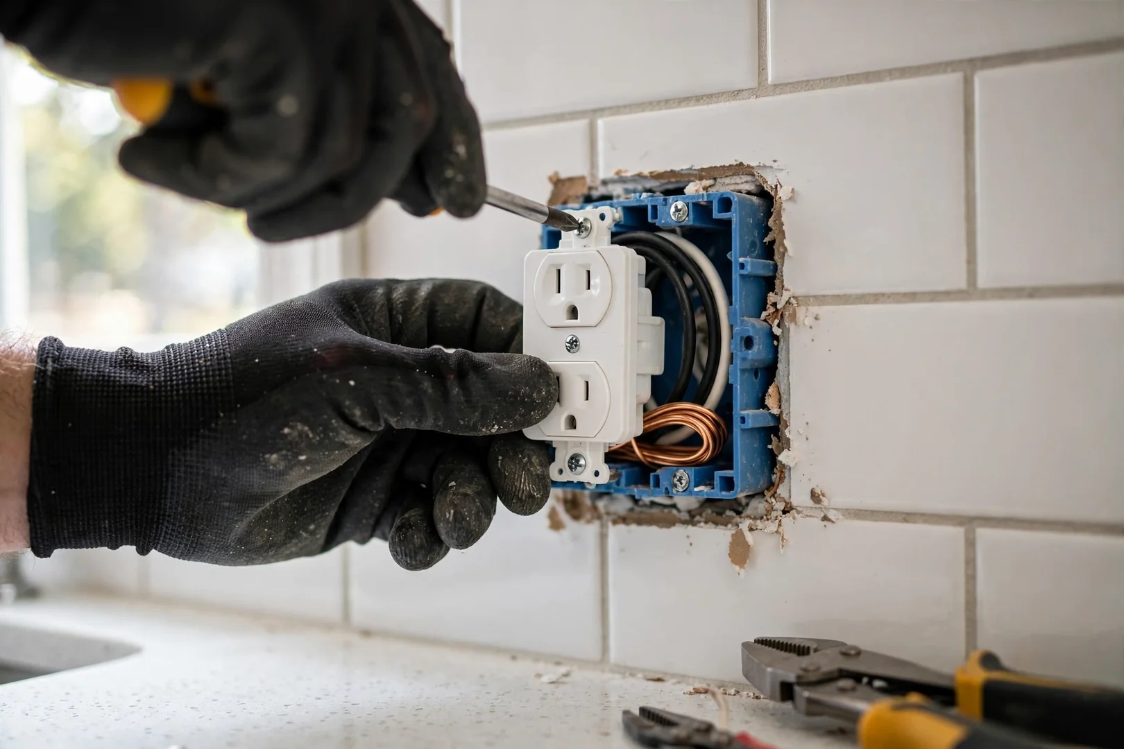 Electrician mounting a tamper-resistant receptacle box in a Centereach kitchen wall cavity
