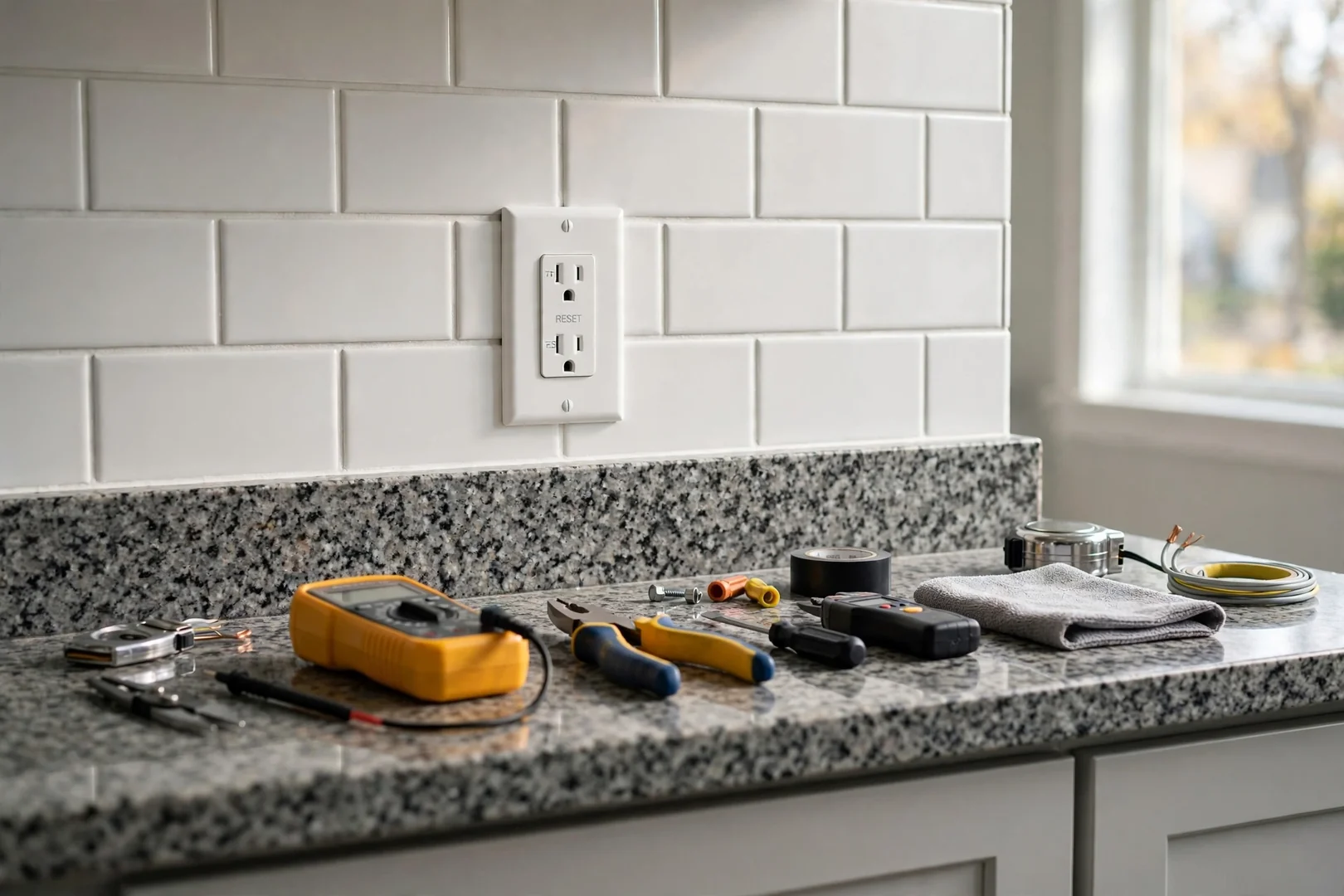 Finished GFCI outlet installed above kitchen counter with faceplate aligned and level