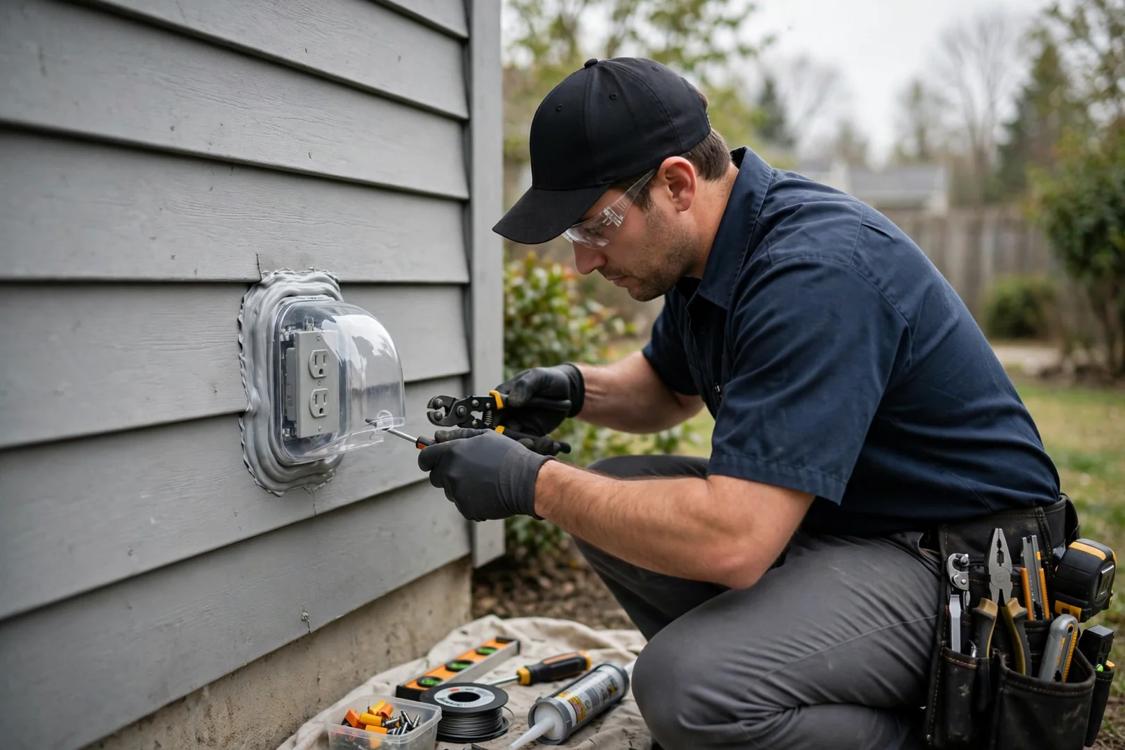 Weather-resistant exterior outlet with in-use cover mounted on vinyl siding of suburban home