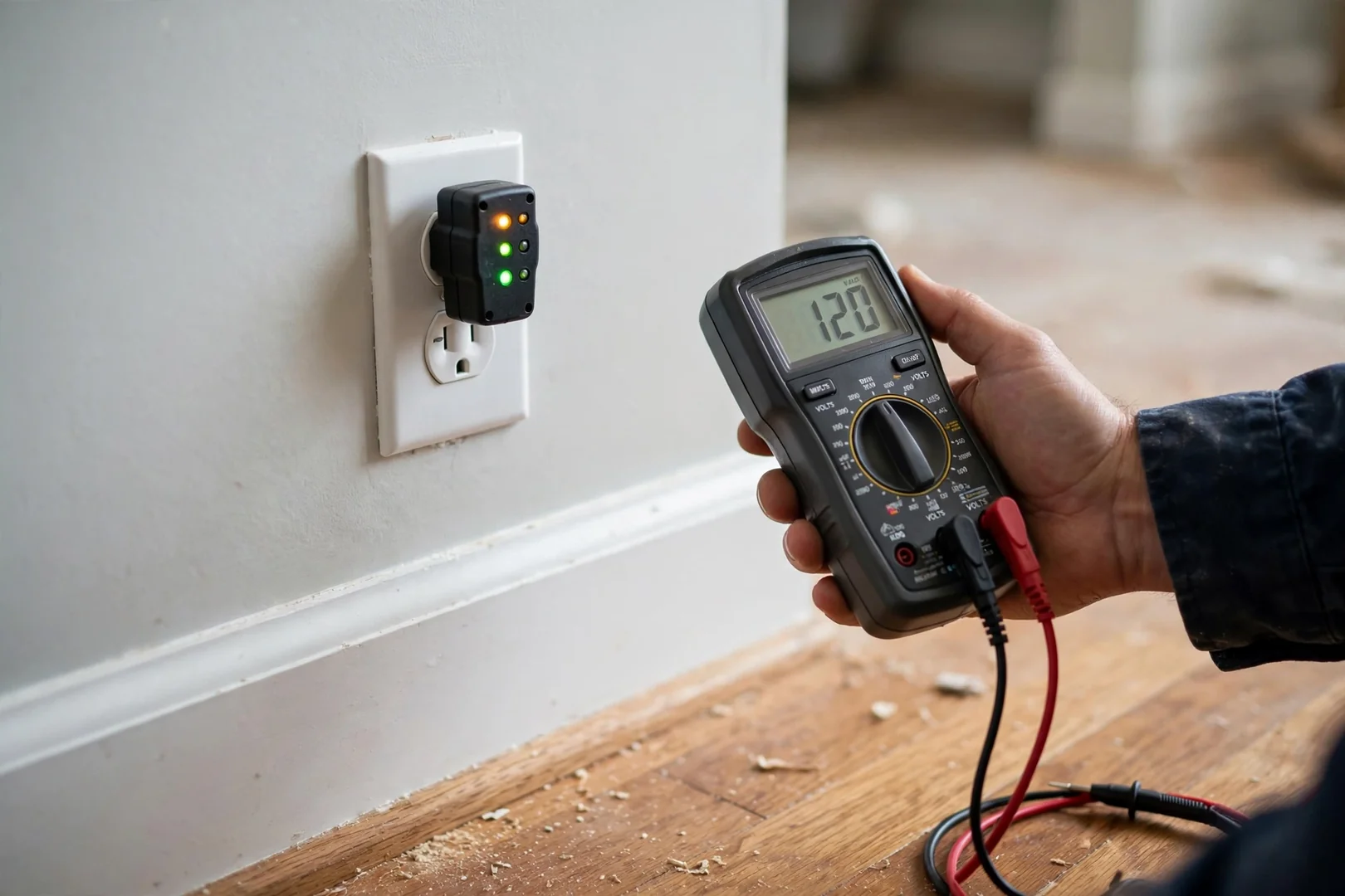 Technician testing outlet polarity and ground continuity with a plug-in receptacle tester