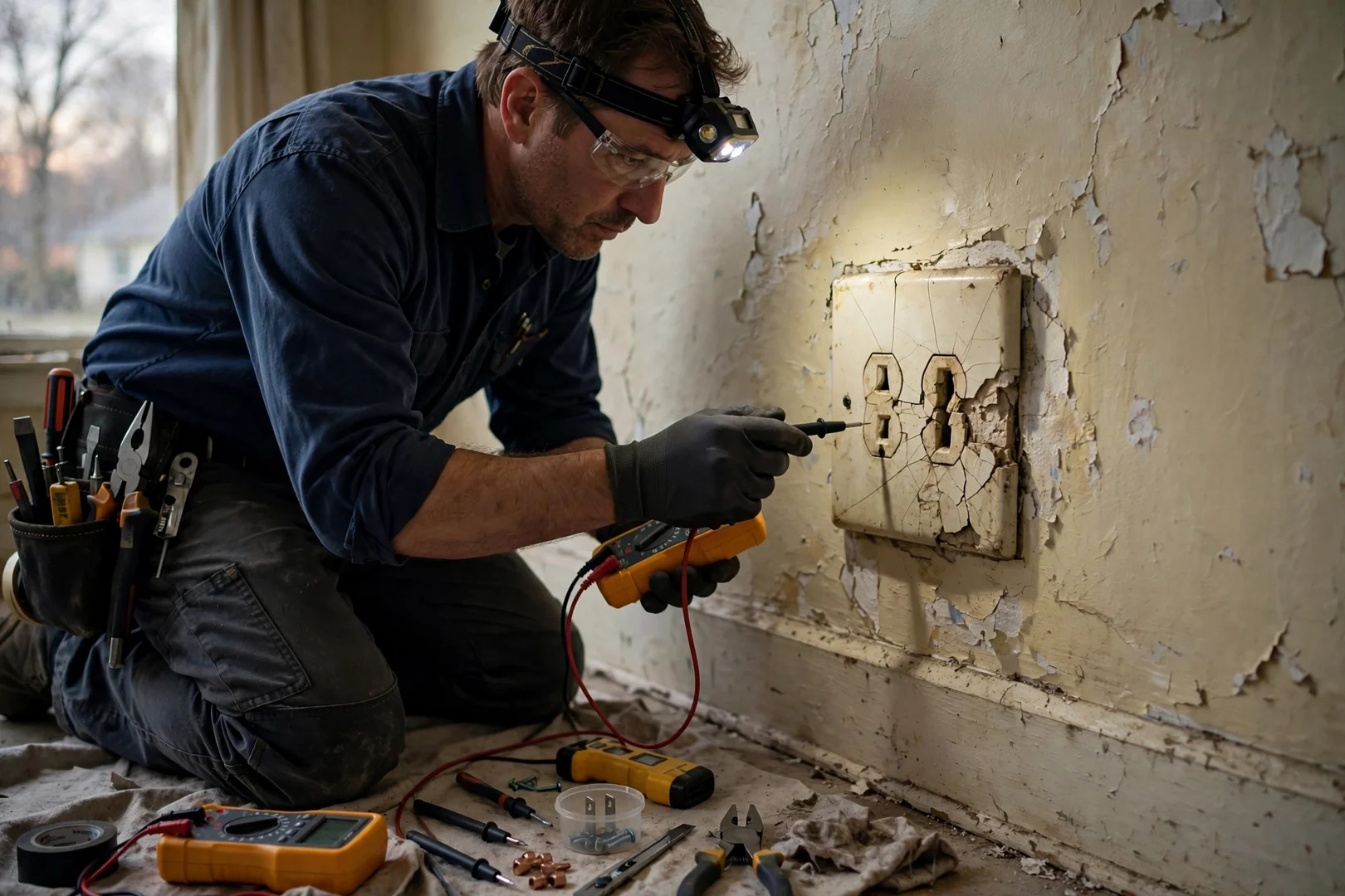 Old cracked two-prong outlet before replacement in an older Centereach ranch home