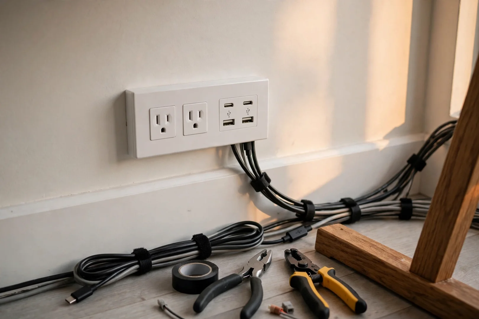 USB combination outlet installed in home office desk area with cable management tidy