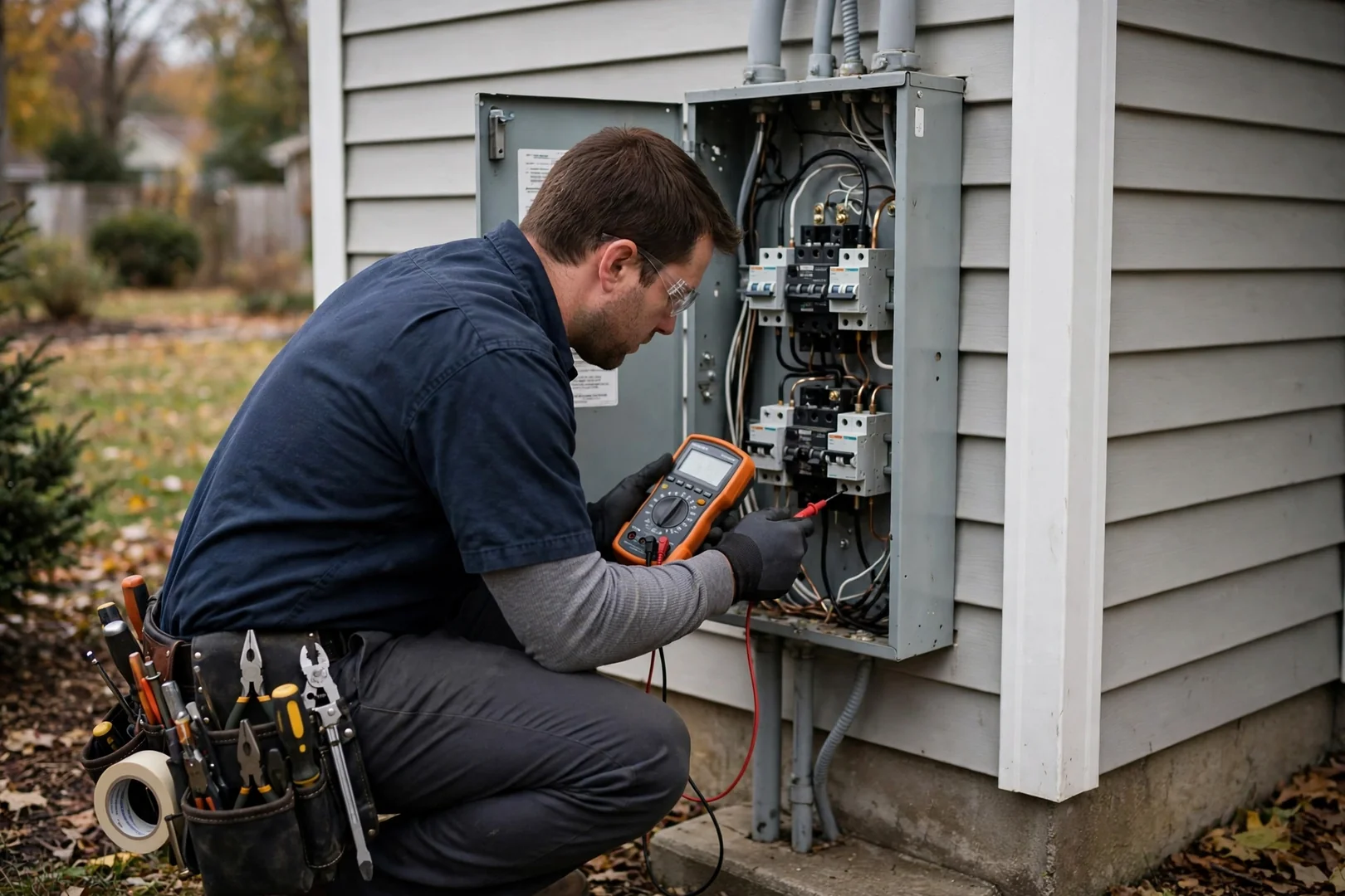 Technician measuring service voltage at a residential load center before device selection