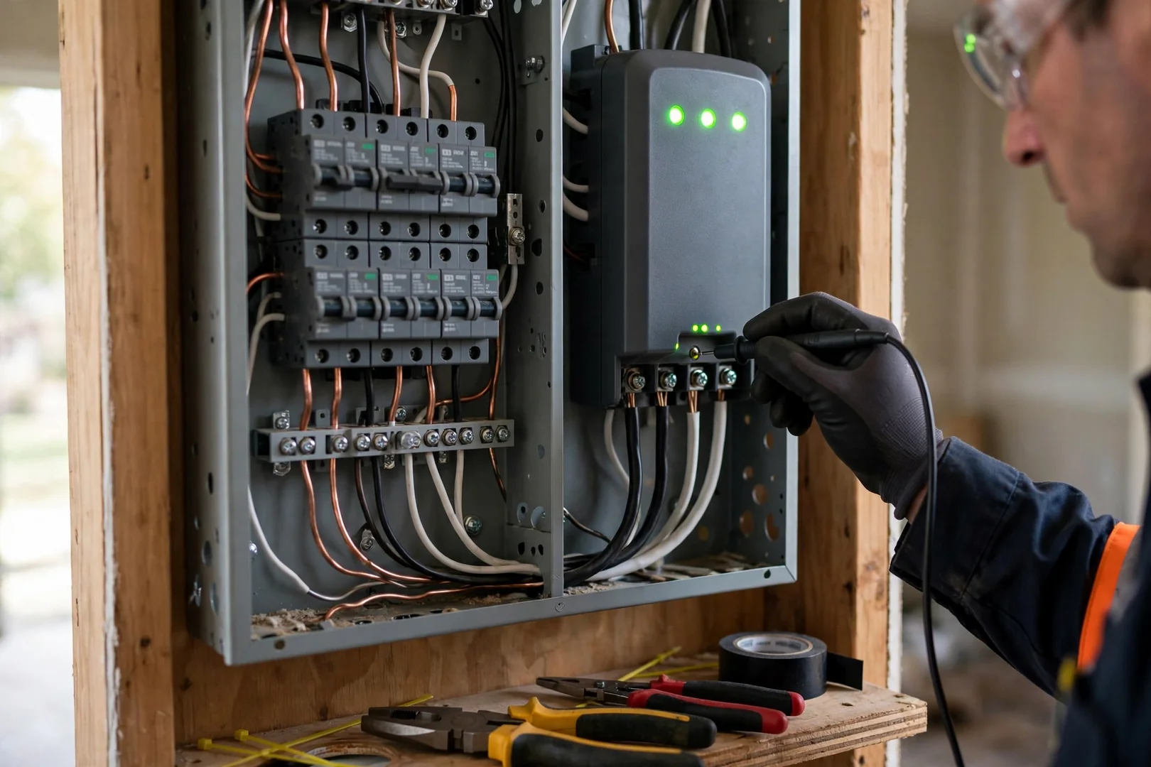 Close view of surge protective device status indicators wired into a Centereach home panel