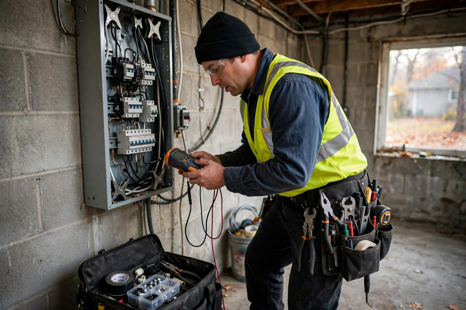 Electrician installing whole-home surge protector at a Centereach service panel