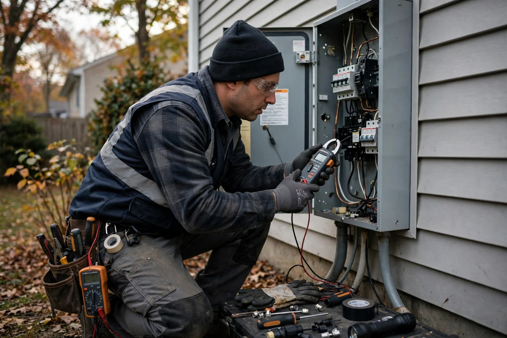 Electrician installing a panel-mounted surge protective device inside a residential load center