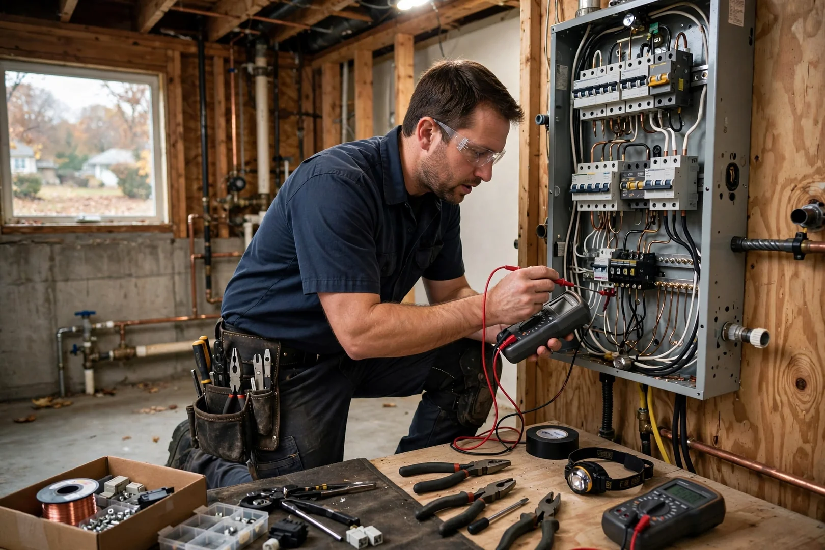 Electrician mounting a whole-home surge protective device beside an open panel in Centereach