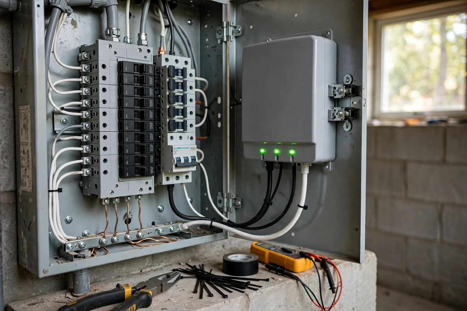 Whole-home surge protective device mounted beside an open residential electrical panel