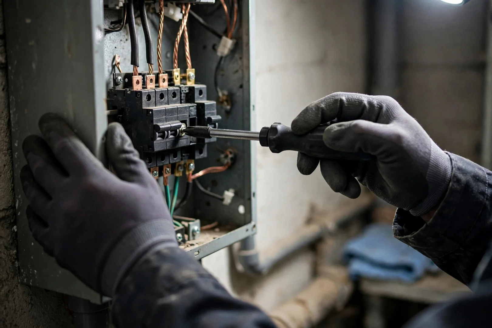 Electrician torque checking breaker lugs inside a Centereach home load center