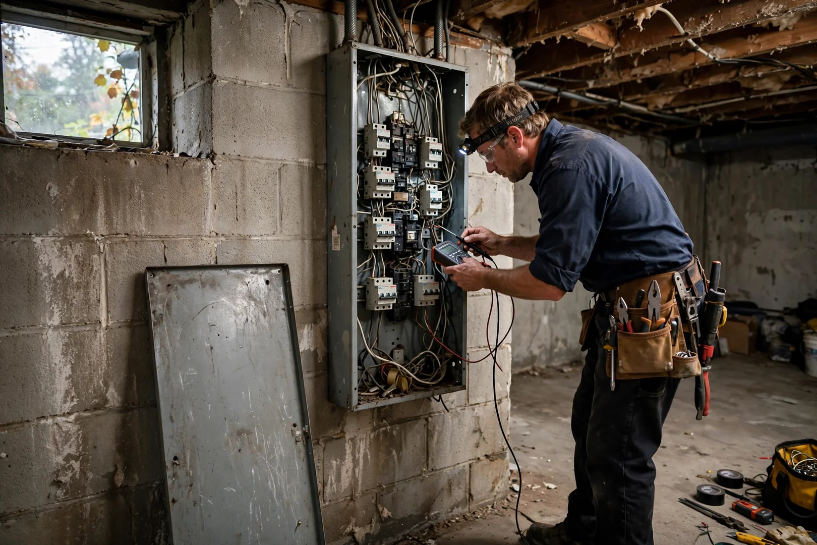Older 100-amp panel before surge device installation showing crowded breaker layout