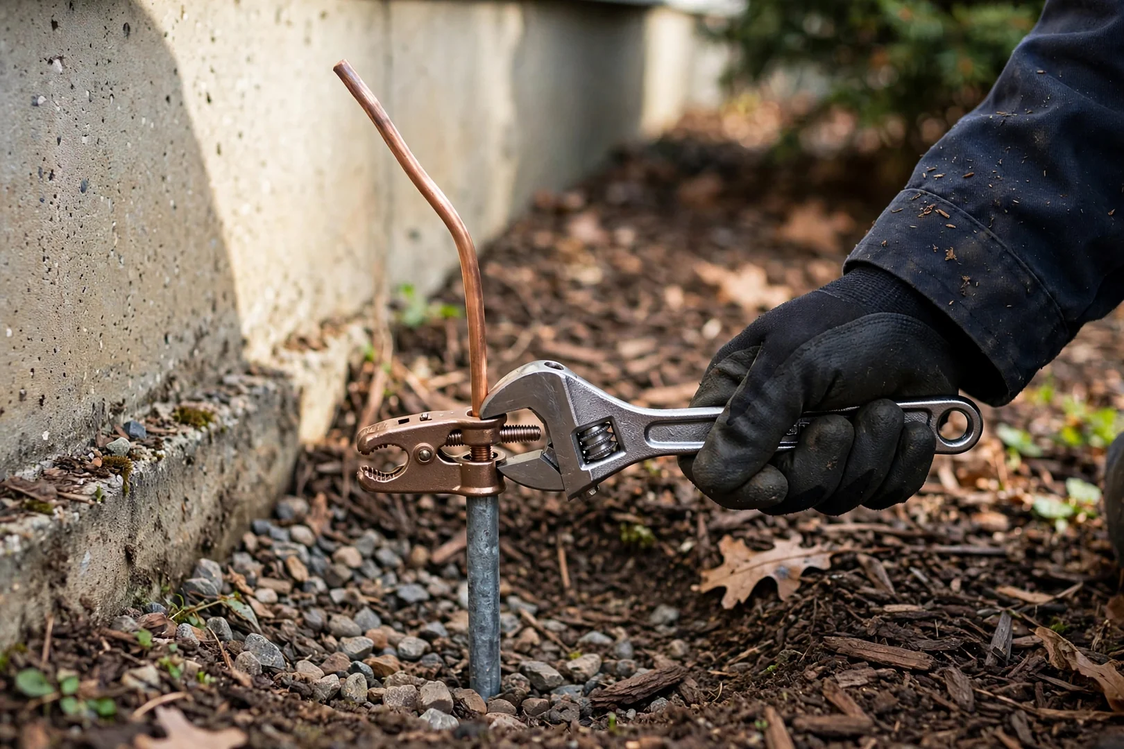 Grounding electrode conductor and clamp inspected at exterior foundation wall