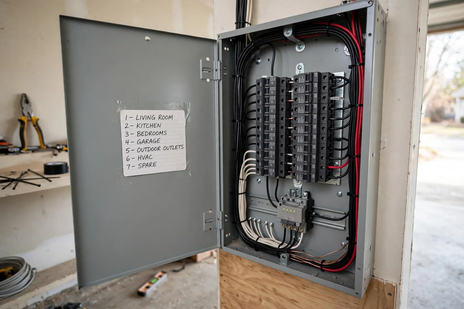Finished subpanel with surge protection installed and circuits labeled for a split-level home