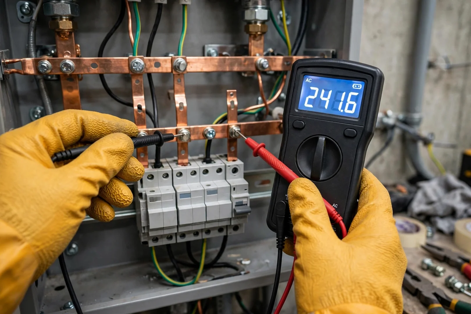 Multimeter reading voltage during commissioning of a newly installed surge device