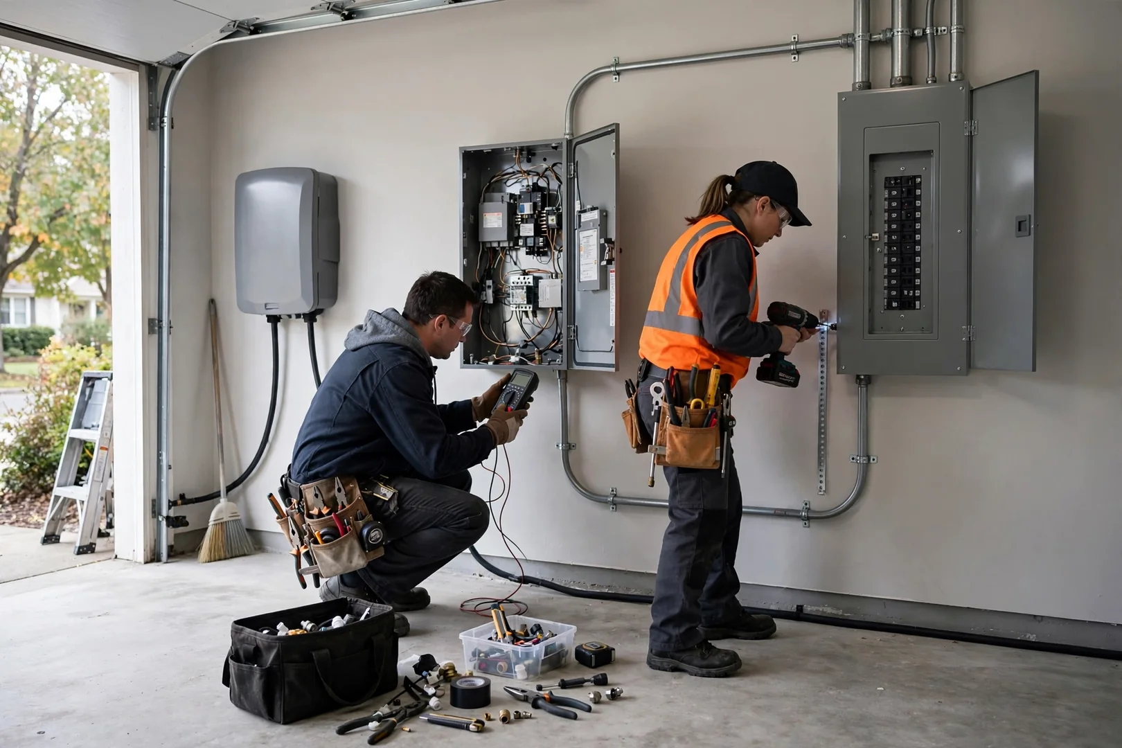 Surge protection tied into an EV charger circuit inside a residential garage