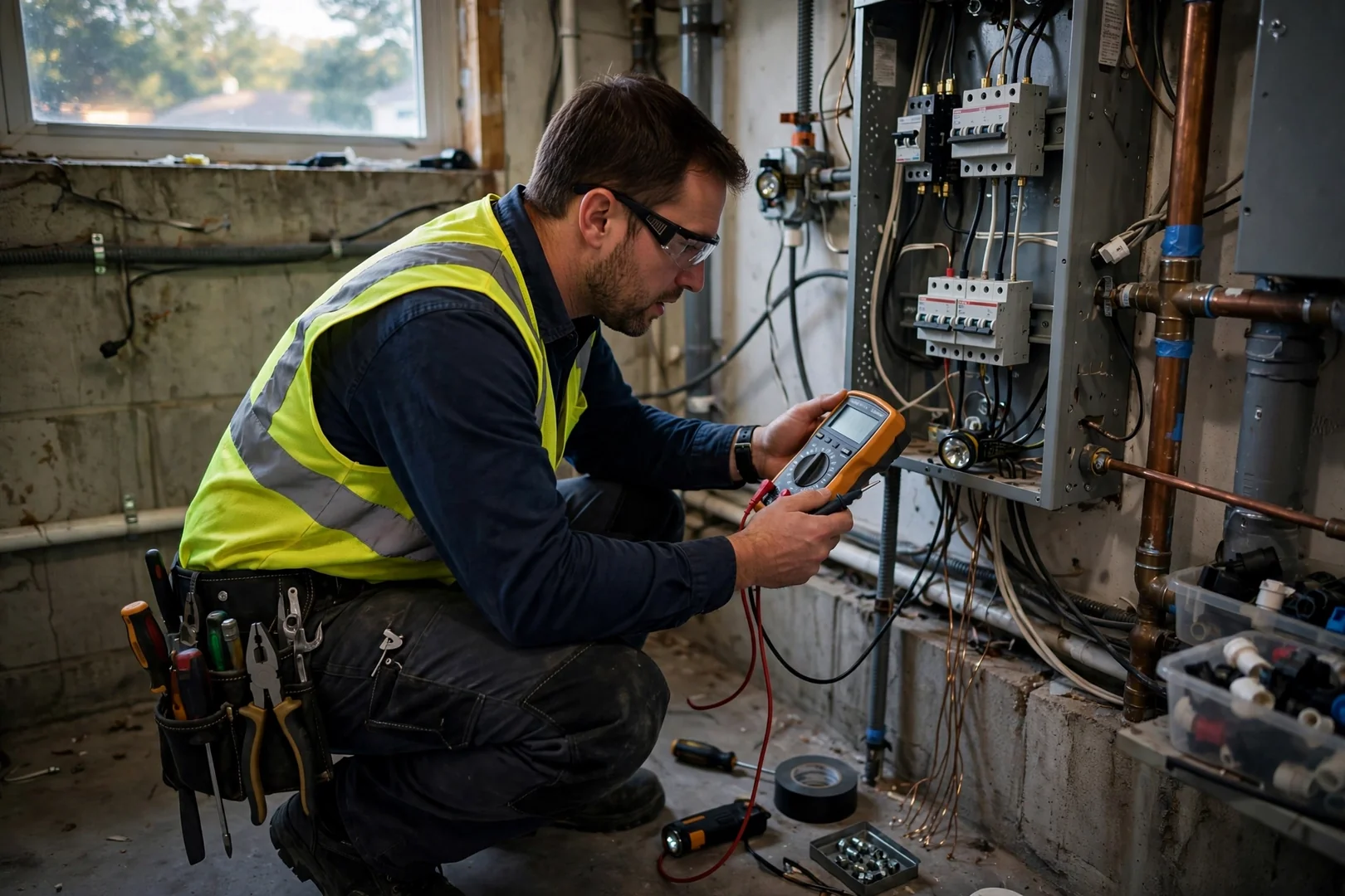 Trained electrician torquing surge device terminations inside a labeled residential service panel